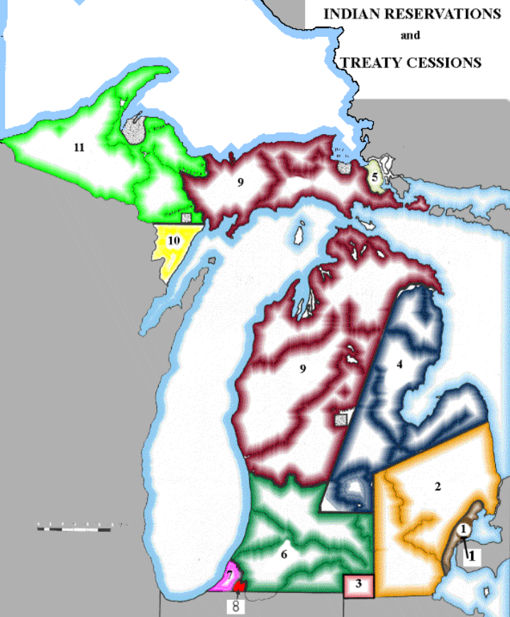 Map illustrating cessions of Indigenous Lands through Michigan-related treaties between 1795 and 1842.